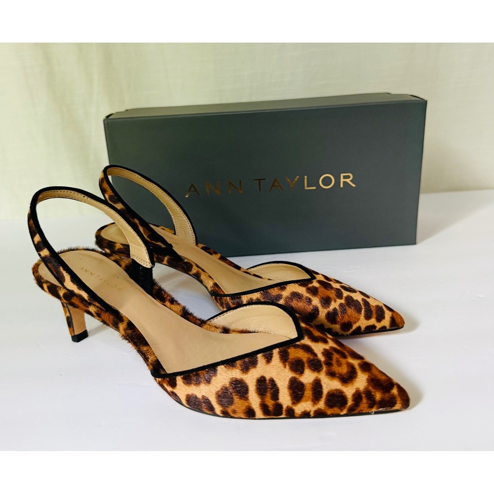 Ann Taylor Leopard Print Calf Hair Slingback Kitten Heels Pointed Toe Pumps 5